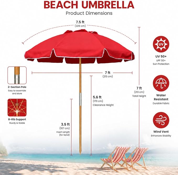7.5FT Heavy Duty Beach Umbrella with Air Vent, Wood-Look Pole, Carry Bag, UPF50+ Superior Sun Protection, Blue Version