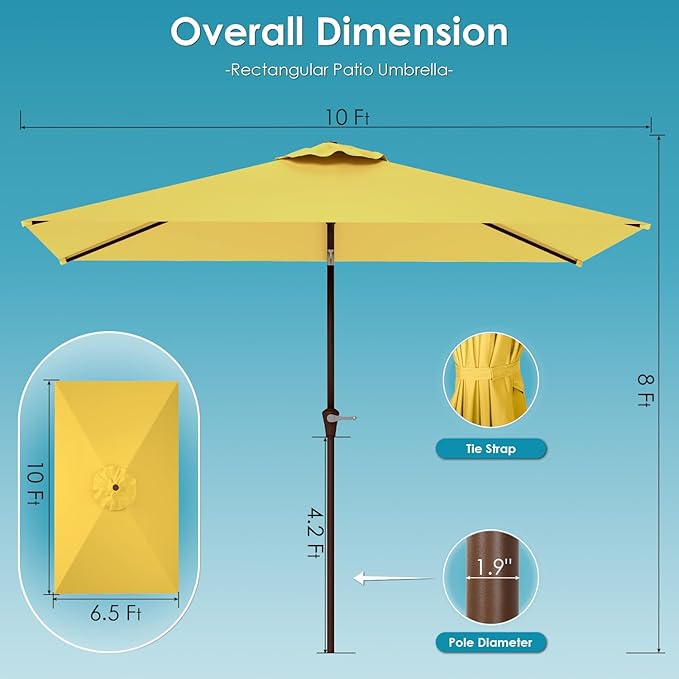 GREENVINES 6.5X10 FT Rectangular-Patio-Umbrella | Outdoor-Table-Umbrellas | 6 Sturdy Steel Ribs | Push Button Tilt & Crank | Waterproof | Market Umbrella | for Pool Backyard Garden Deck | Yellow
