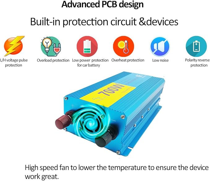 700W Pure Sine Wave Power Inverter DC 12V to 110V AC Converter, with 2 AC Outlets & 2 USB Ports, for Home/RV/Truck/Vehicle, Quieter & Cooler with Advanced Safety Protection