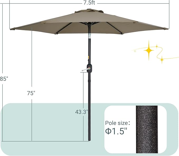 7.5ft Outdoor Umbrella Patio Umbrella,2-Year-Non-Fading,Table Market Patio Umbrella with Push Button Tilt and Crank,for Pool, Deck, Garden,Backyard