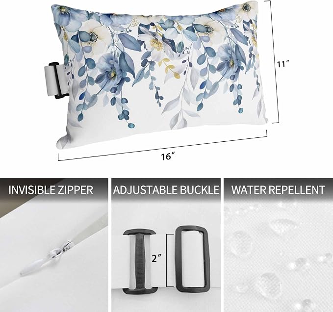 Outdoor Chair Pillow Headrest for Patio Pool Chaise Lounge, Blue Wild Flowers Recliner Head Pillow, Spring Watercolor Eucalyptus Leaves Floral Waterproof Pillowcases Lumbar Pillows & Insert 11x16x2pcs