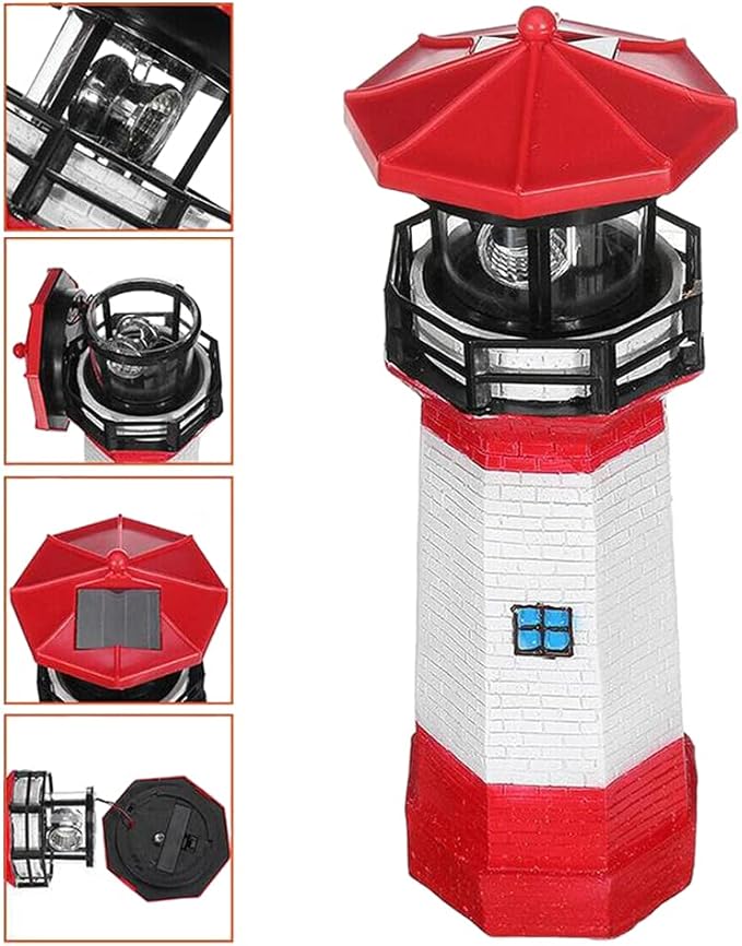 LED Solar Powered Lighthouse, Indoor Outdoor Lighthouse with Rotating Beacon LED Lights, Courtyard Waterproof Landscape Lights for Garden Patio Landscape Outside Yard Gifts red