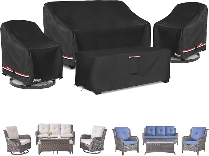 Bitubi Outdoor Waterproof Patio Furniture Covers 4-Piece Set for Swivel Rocker Chairs, Patio 3-Seater Sofa 76in, Coffee Table 48in, Heavy Duty 600D Tough Canvas, Black