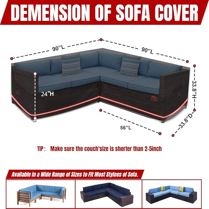 Turtle Life Patio Sectional Sofa Cover, Outdoor Heavy Duty Durable UV Water Resistant Anti-Fading L Shaped Couch Cover, Black, 90" L (on Each Side) x 33.8" D x 33.8" H