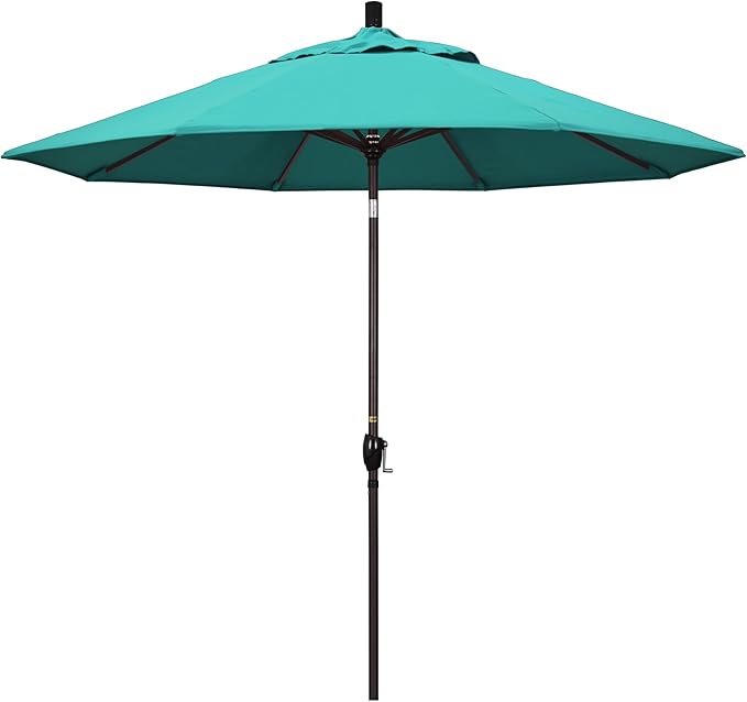 California Umbrella 9' Round Aluminum Market Umbrella, Crank Lift, Push Button Tilt, Bronze Pole
