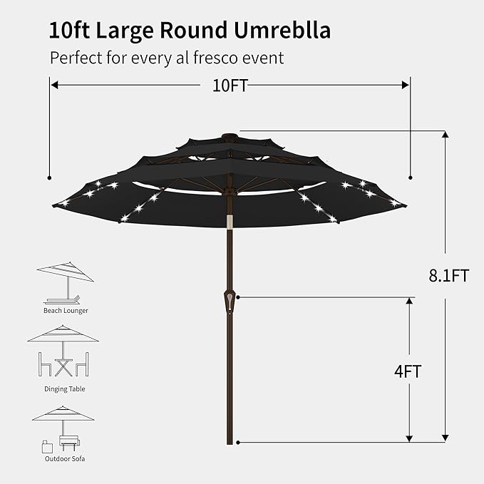 Kingdura 9ft 3-Tier Patio Umbrella with Solar Lights, Table Umbrella Outdoor Patio with Easy Crank & Tilt, 8 Sturdy Ribs, UV Protection, 32 LED Lights for Deck, Poolside, Market (Black)