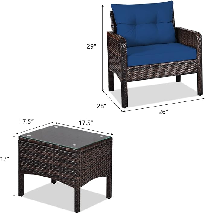 HAPPYGRILL 3 Piece Patio Conversation Set Outdoor Rattan Wicker Furniture Set with Coffee Table & Chairs Patio Bistro with Seat Cushions for Garden Balcony Backyard Poolside