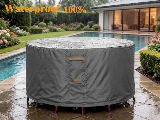 600D Heavy Duty Waterproof Patio Furniture Covers UV Resistant Round Outdoor Table Chair Covers Medium Round 62"Diax28"H Dark Grey