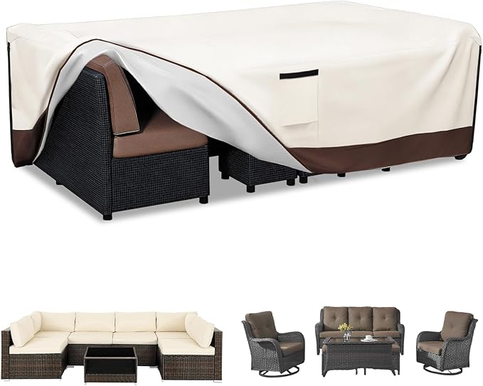 Patio Furniture Covers Waterproof,600D Heavy Duty Patio Cover for 6/7/8 PCS Sets Sectional Sofa Couch Dining Rocking Swivel Chairs Ottomans Coffee Table,126L x 63W x 28H inch Beige & Brown