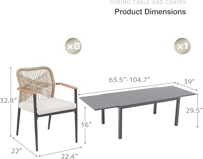 SUNSITT 9 Piece Outdoor Patio Dining Set, 63" - 105" Aluminum Expandable Outdoor Dining Table and 8 Woven Wicker Patio Chairs w/WPC Armrests for Garden, Dark Grey