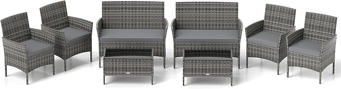Tangkula 8 Piece Patio Rattan Conversation Set, Outdoor Wicker Furniture Set with Chair, Loveseat & Tempered Glass Table, Cozy Seat Cushions, Outside Sectional Sofa Set for Backyard