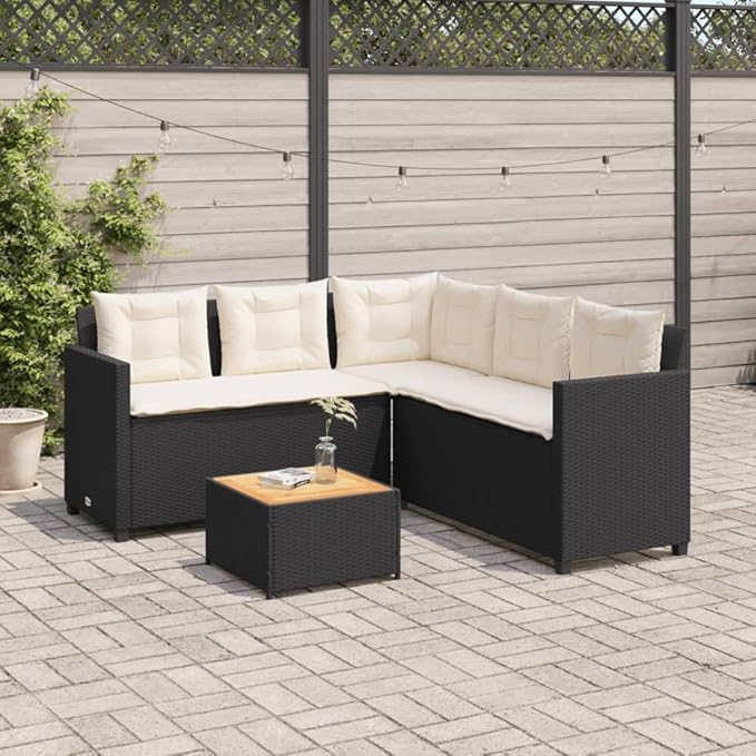 Patio Sofa with Table and Cushions, Outdoor Dining Sets Porch Furniture Set Patio Conversation Set Front Porch Furniture for Poolside Garden Exhibition L-Shaped Black Poly Rattan