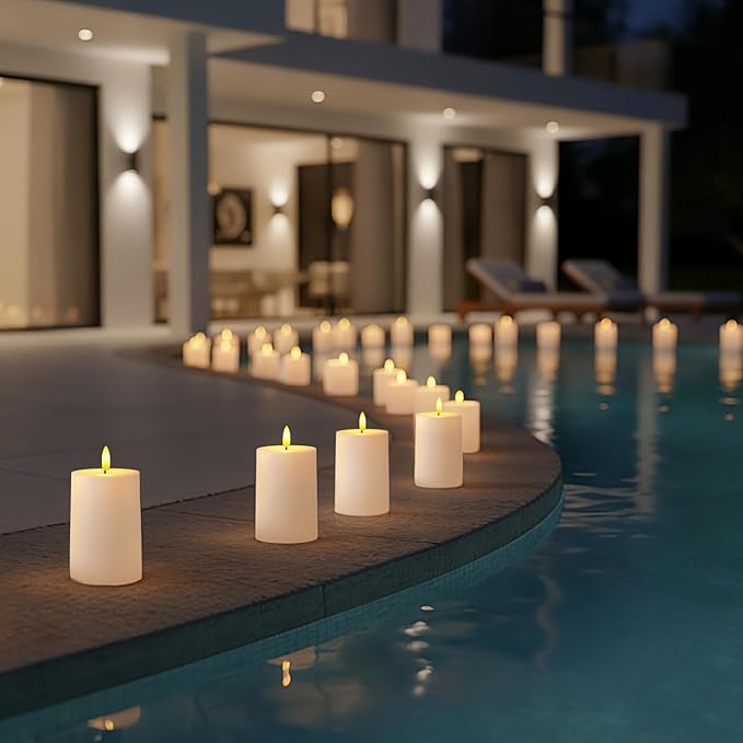 Raycare 3"x4.5" White Outdoor Waterproof Flameless Candles with Remote and Timer, Realistic LED Candles, Battery Operated Electric Fake Pillar Candles for Porch, Patio, Garden, Set of 2