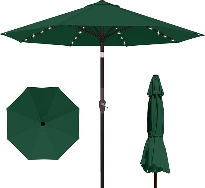 Kingdura 9FT Outdoor Patio Umbrella with Solar Lights, Market Table Umbrella with Push Button Tilt & Crank, 8 Sturdy Ribs, 32 LED Lights, UV Protection for Garden Lawn Deck Backyard Pool (Dark green)