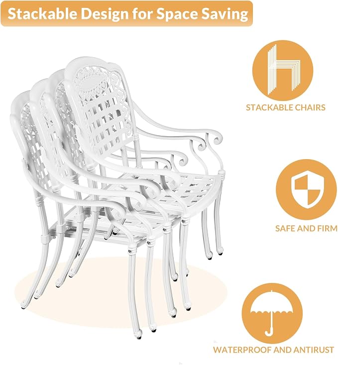 7-Piece Outdoor Patio Dining Set, 60” Rectangular Cast Aluminum Dining Table with Umbrella Hole and 6 Outdoor Dining Chairs, Patio Funiture Set for Backyard, Patio, Garden, White