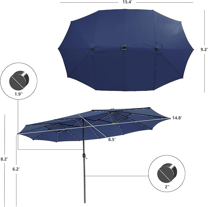 15ft Large Patio Umbrella with 3 Solar panels, 48 Solar LED Lights Base NOT Included, Outdoor Double-Sided Rectangle Market Umbrella with Crank Handle, Perfect for Pool, Lawn, and Garden (Pole Diameter 1.9 inch)