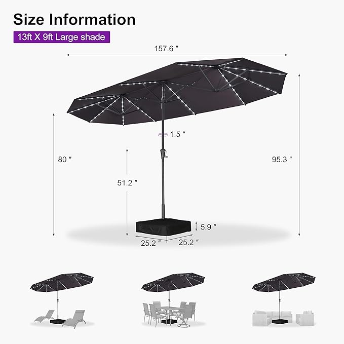 PURPLE LEAF 13ft Double-Sided Patio Umbrella with Solar Lights Outdoor Market Umbrella with Base and Crank Handle Table Umbrella for Backyard Pool Garden Deck, Light Grey