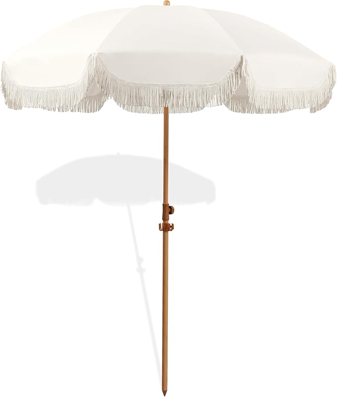 Seazul 6.5ft Patio Umbrella with Fringe, Beach Umbrella, Fringe Umbrella Outdoor Patio with Hanging Hook, Tilting Aluminum Pole, UV 50+, Fiberglass Ribs, Elegant Cream