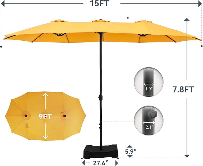 GREEN PARTY 15 ft Rectangular Patio Umbrella with Base Included, Large Double-Sided Outdoor Table Umbrella with Crank, 1.9" Pole UPF 50+ UV Resistant for Pool Deck Backyard Garden, Gold Yellow