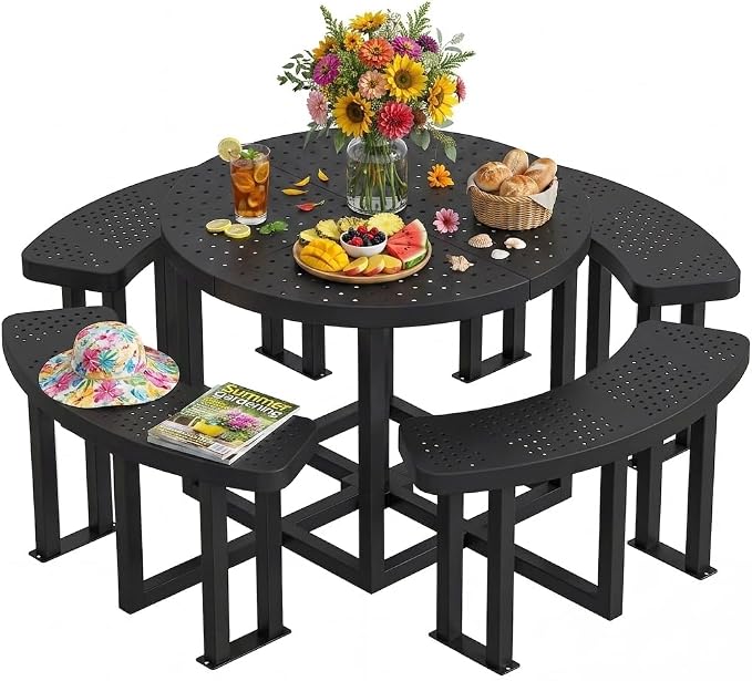 Heavy Duty 38" Round Q235 Steel Picnic Table, Black Metal Outdoor Table with Umbrella Hole, Industrial Patio Picnic Table for 8 People, Backyard & Park