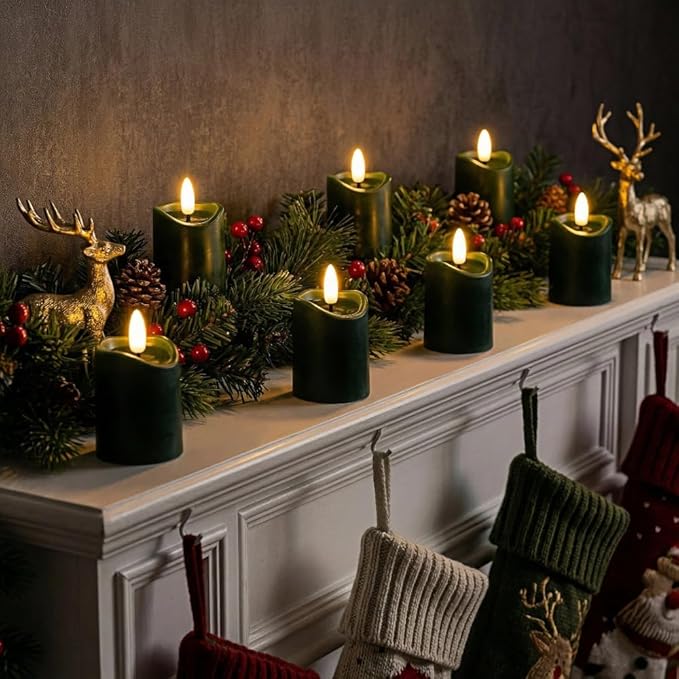 Simplelight Green Flameless Votive Candles with Timer, Realistic Black Wick Advent Wreath Candles Battery Operated, Battery Included, D 1.8” X H 3.1”, Set of 6 for Christmas Decoration(Green)