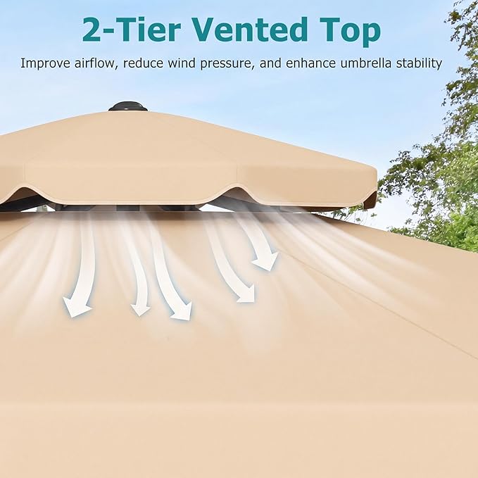 Happygrill 9 FT Patio Umbrella, Scalloped Outdoor Table Market Umbrella with Push Button Tilt & Crank, 2-Tier Vented Top, Heavy-Duty 8 Metal Ribs, Sun-Protective Canopy, Ruffle for Deck Pool Garden (Beige)