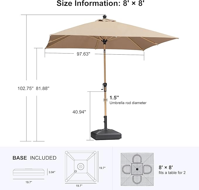 PURPLE LEAF 8' x 8' Square Outdoor Table Umbrella with Base Patio Umbrella Aluminum Market Umbrella with Push Button Tilt & Crank and 8 Ribs Outdoor Umbrella for Pool Backyard Beach, Taupe