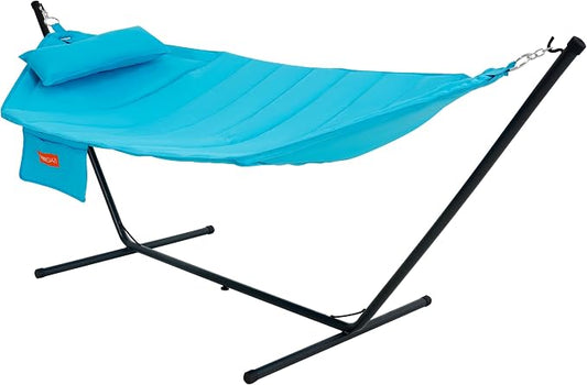 Lazy Daze Hammocks Hammock with Stand for Outside, Quilted Hammock with Detachable Pillow, Tool-Free Assembly, 450lb Capacity for Backyard, Patio, Aqua