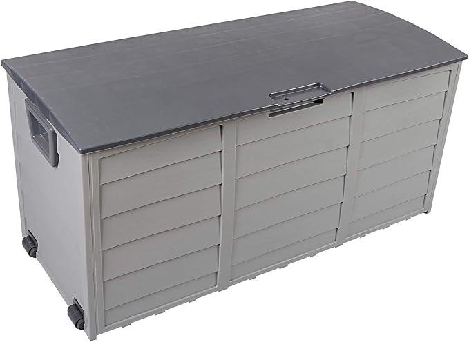 SSLine Outdoor Storage Deck Box, 75 Gallon Capacity Plastic Patio Garden Tool Organizer with Wheels, 44 x 19.3 x 21.3 inches (Grey)