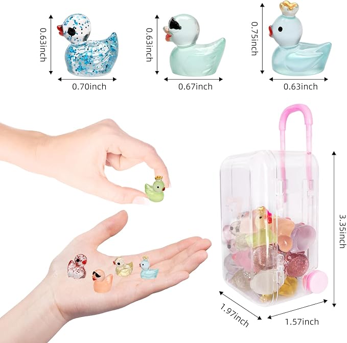 25pcs Mini Ducks Fairy Garden Accessories with Mini Suitcase | 12pcs Glitter & 13pcs Luminous Duck Mini Resin Animals figures for Garden Decor, Landscape Decor, DIY Craft, Succulents