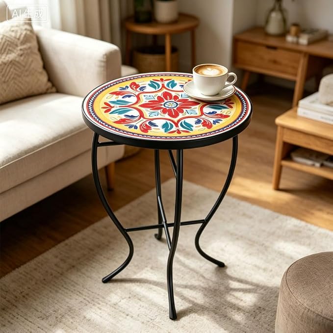 14 Inch Mosaic Patio Side Table with X-Curved Legs, Indoor Outdoor Accent Round End Table with Ceramic Tile Tops for Yard, Garden, Living Room, Bistro, C - Mediterranean Floral Pattern