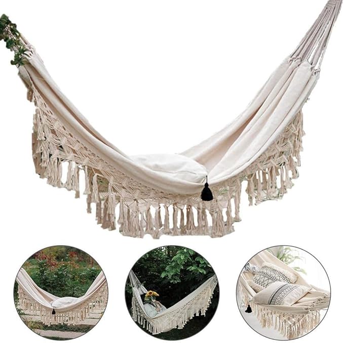 Portable Hammocks Canvas Hammock Macrame Fringed Deluxe Double Hammock Net Swing Chair Indoor Hanging Swing Hammocks Hammock for Outdoor