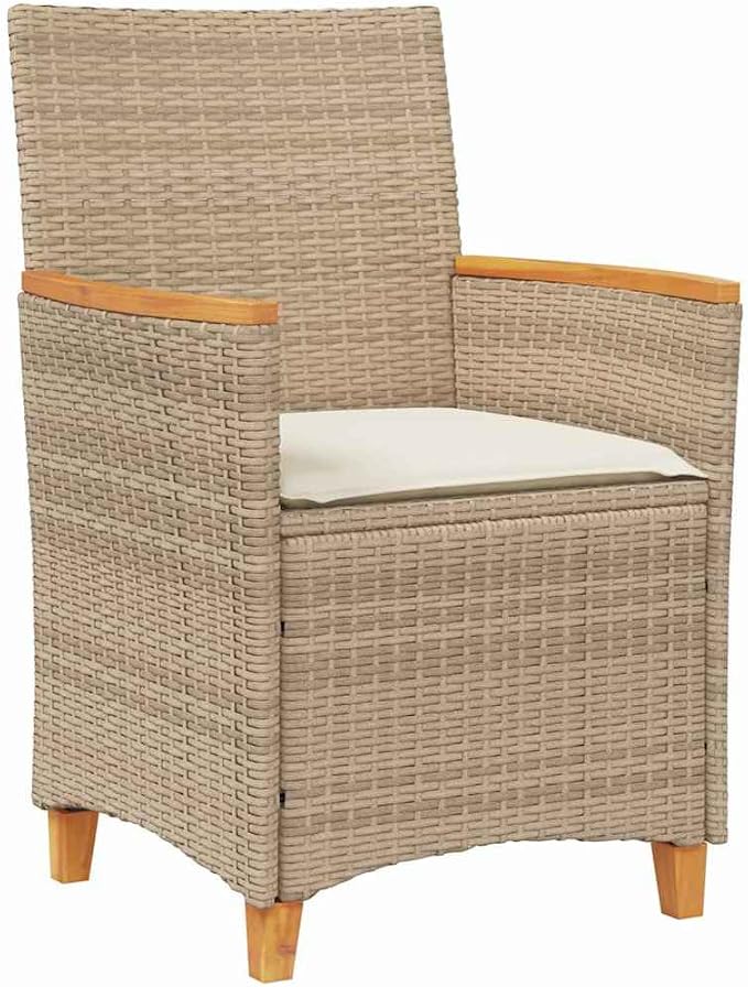 7 Piece Outdoor Dining Set, Beige Poly Rattan Patio Furniture with 6 Cushioned Chairs and Glass Tabletop for Garden Deck Backyard