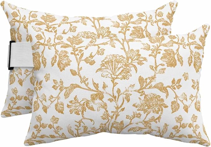 Pack of 2 Outdoor Lumbar Pillow Covers 11x16 Inch, Orange Flower Waterproof Throw Pillow Covers Set, Vintage Farmhouse Boho Leaf Spring Plant Indoor&Outdoor Cushion Cases for Patio Porch Beach