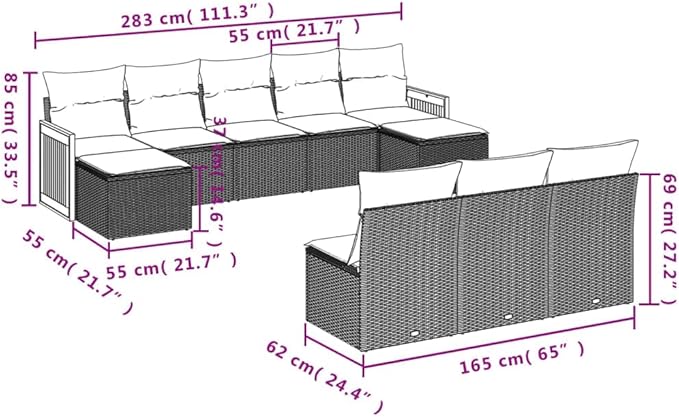 10 Piece Patio Sofa Set with Cushions, Outdoor Sofa Sets Patio Conversation Set Outdoor Dining Sets Garden Lounge Set for Exhibition Poolside Negotiation Area Piazza Black Poly Rattan