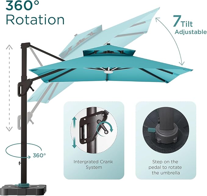 Deconk 10' X 13' Patio Umbrella with LED Lights Outdoor Cantilever Large Rectangle Offset Umbrellas Heavy Duty Aluminum Double Top with 360-degree Rotation for Pool Garden Deck, Turquoise