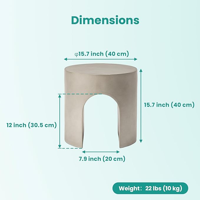 SUNBURY Outdoor Side Table, 16" W Concrete End Table w Arch Shape, Round Cement Accent Table Lightweight for Patio, Modern Decorative Garden Stool for Patio, Backyard, Grey