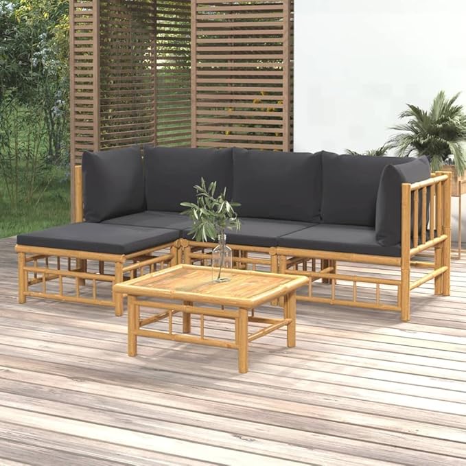 5 Piece Patio Lounge Set with Dark Gray Cushions, Front Porch Furniture Patio Conversation Set Outdoor Dining Sets Outdoor Sofa Sets for Piazza Poolside Exhibition Garden Bamboo