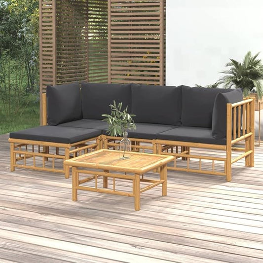 5 Piece Patio Lounge Set with Dark Gray Cushions, Front Porch Furniture Patio Conversation Set Outdoor Dining Sets Outdoor Sofa Sets for Piazza Poolside Exhibition Garden Bamboo