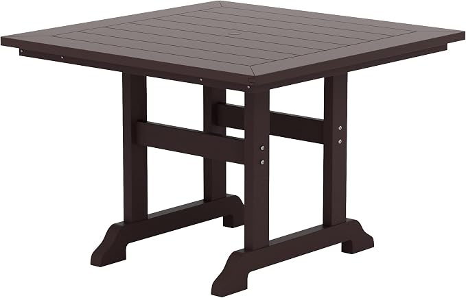 WestinTrends Malibu Outdoor Dining Table, All Weather Poly Lumber Adirondack 43" Trestle Square Patio Table with Umbrella Hole, Dark Brown