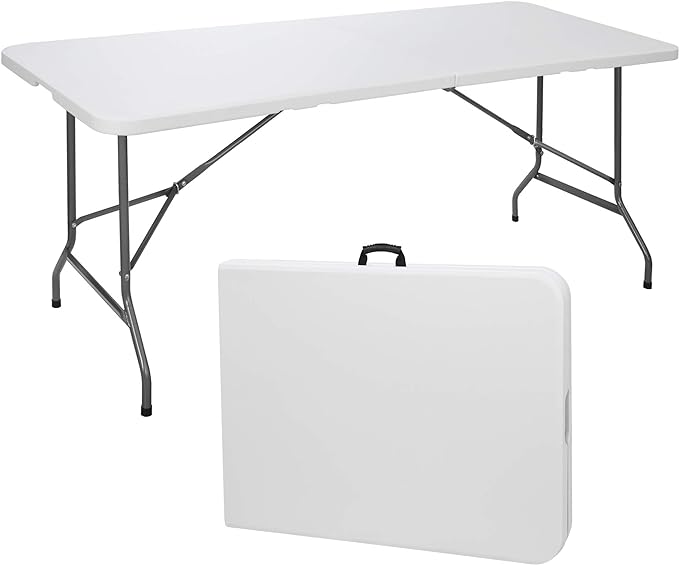6 FT Folding Table, Fold in Half, Heavy Duty Portable Plastic w/Handle for Picnic Party Camping Dining Indoor Outdoor - Lightweight White
