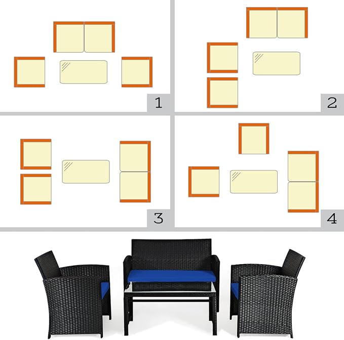 COSTWAY 4 Pieces Patio Rattan Furniture Set, Outdoor Wicker Conversation Set with Soft Cushions & Tempered Glass Coffee Table, Cushioned Chair Sofa for Backyard, Porch, Poolside, Lawn, Garden, Navy