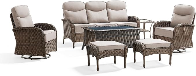 Outdoor Swivel Rocking Chair Patio Set (7-Piece), High-Back - Thick Cushion Swivel Rocking Chair Patio Set, All-Weather Wicker Patio Furniture Set, Suitable for Balcony Patios, Brown/Beige