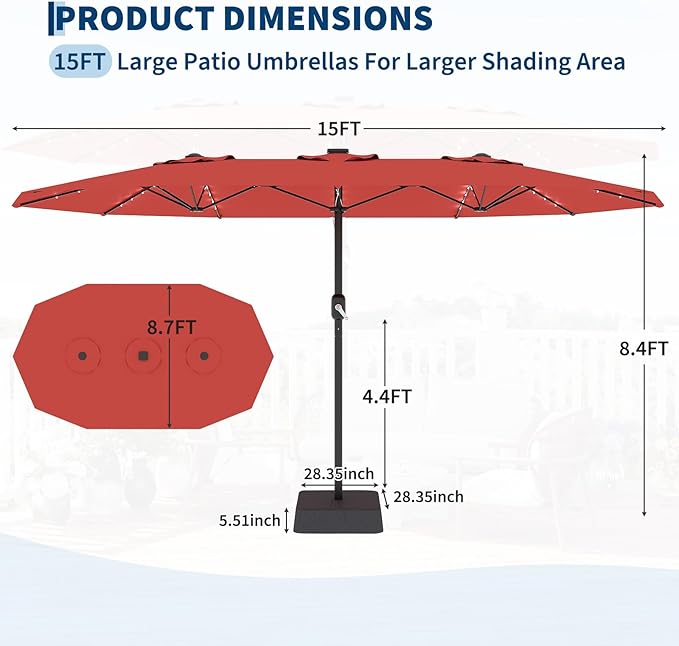 Garvee 15 ft Rectangular Patio Umbrella with Base Included - Large Patio Umbrella with Crank Handle 36 LED Lights, UV Protection for Outdoor Market, Backyard, Deck, Pool, Red