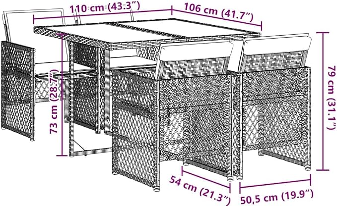 5-Piece Garden Dining Set with 4 Chairs and Glass Top Table, Modern Poly Rattan Patio Furniture Set with Cream Cushions for Outdoor Backyard and Terrace, Black