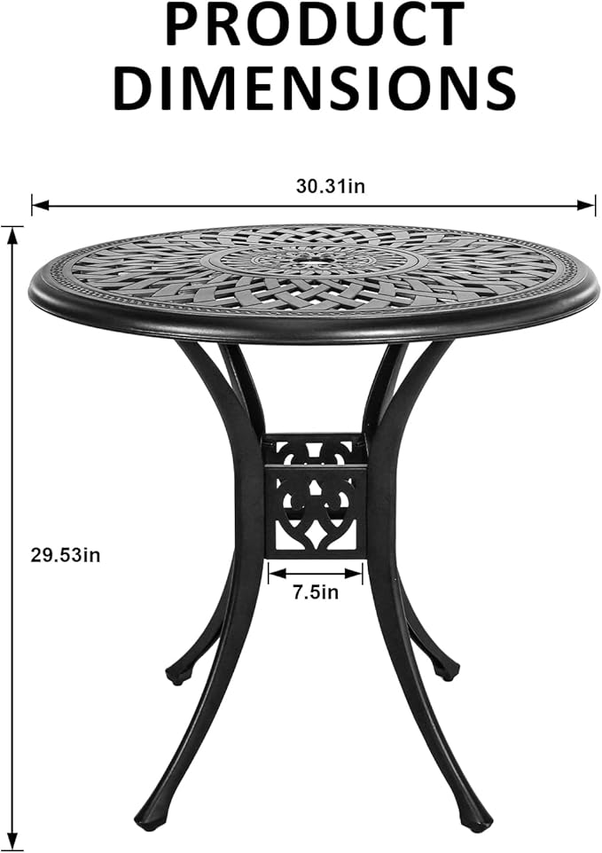 30.31" Patio Dining Table, All-Weather Cast Aluminum Table with 2.36" Umbrella Hole, Outdoor Dining Table for Backyard and Poolside