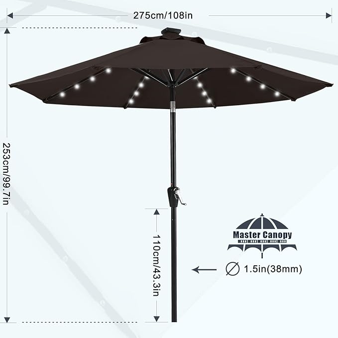 MASTERCANOPY 9FT 8Ribs Patio Umbrella with 32 Solar LED Lights, Outdoor Market Umbrella with Tilt & Crank, UV Protection & Fade Resistant Fabric, Easy Set-Up for Garden, Deck, Pool (Brown)