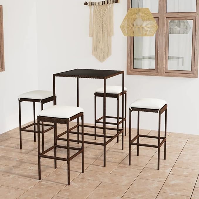 Patio Bar Set with Cushions,Garden Table and Chairs Sets,Garden Conversation Sets, Outdoor Patio Furniture,for Patio,Backyard,Garden,5 Piece Poly Rattan Brown
