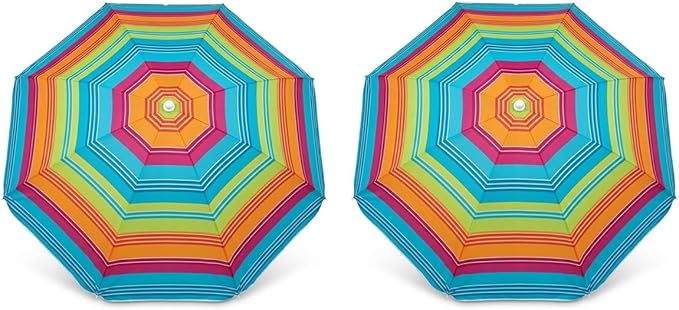PMU 2 Pcs 6ft Multicolored Beach Umbrella – Vibrant Rainbow Stripe Design, 72in Open, 160G Polyester, Large Outdoor Patio Pool Parasol Umbrella for Garden, Deck, Backyard & Pool