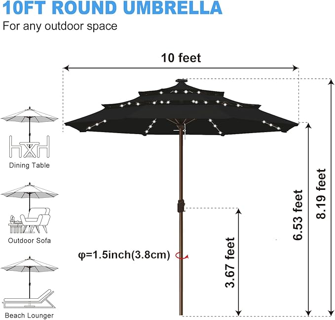 Eurmax USA 10-Year-Non-Fading 10FT 3-Tier Outdoor Patio Market Umbrella with LED Lights,UPF50+ UV Resistant,Commercial Grade,Crank Lift Design,Windproof Vented Top for Garden,Pool,Deck,Black
